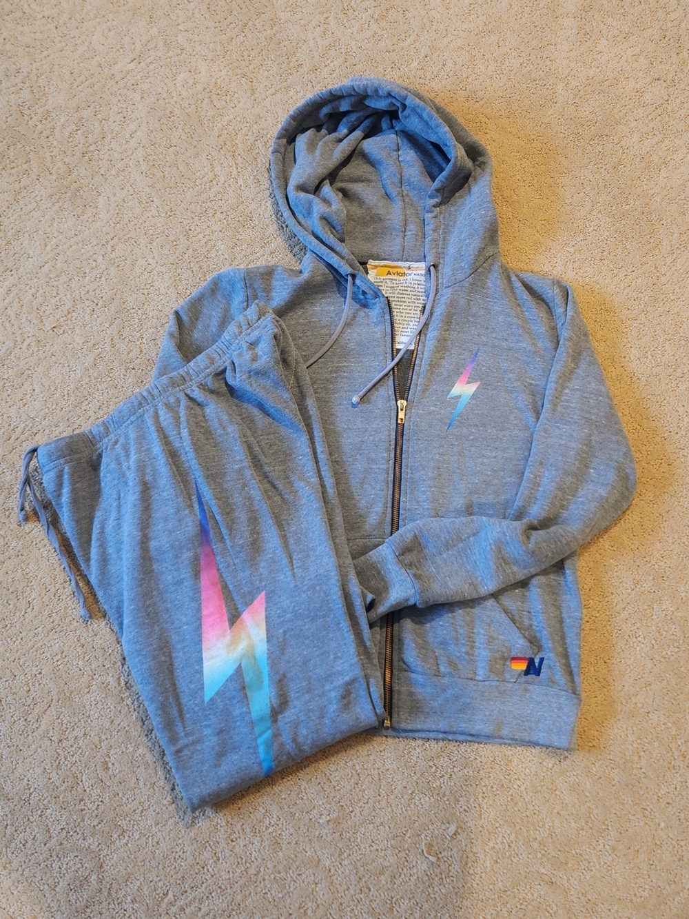 Aviator Nation Gray Hoodie & Jogger Set with Pastel Rainbow Lightning